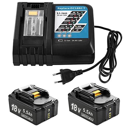 BATTOOL 2 x 18V 5500mAh Ersatz Akku für Makita 18V Akku mit DC18RC Ladegerät Kompatibel mit BL1860 BL1860B BL1850 BL1850B BL1840 BL1830 BL1820 LXT400 DC18RA DC18RC DC18RD..