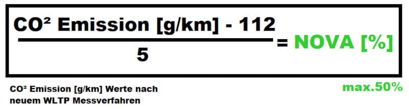 NOVA Formel 07-12.2021: (CO2 Emissionen [g/km] - 112) geteilt durch 5 = NOVA Prozentsatz (max. 50%)