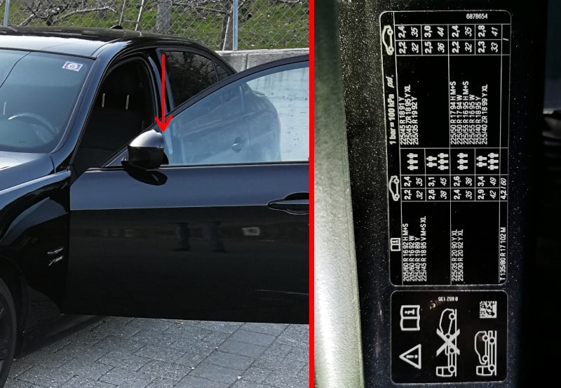 Darstellung der Position wo sich die Reifendrucktabelle befindet (Fahrertür B-Säule)