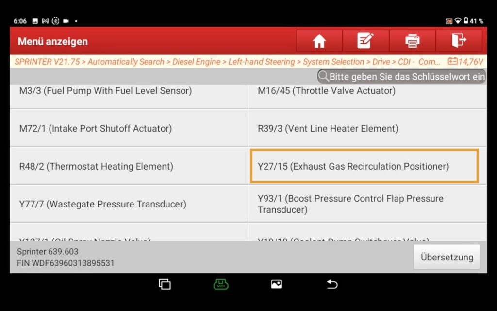 EGR valve test" menu