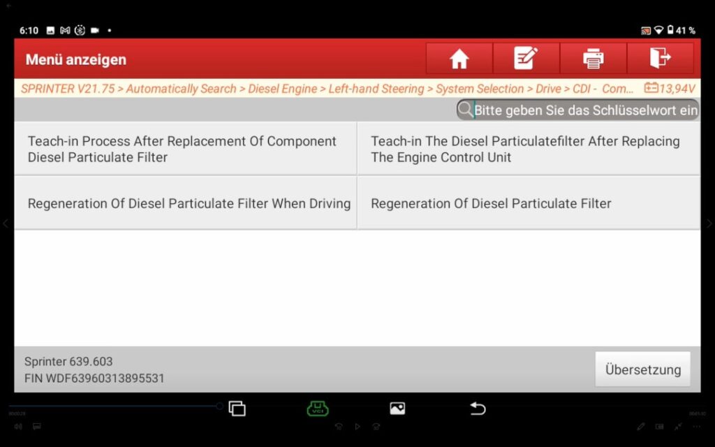 DPF regeneration & reset" menu