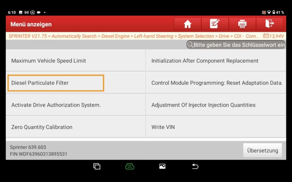 "DPF reset" menu