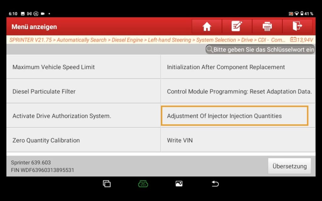 Adjustment of injector injection quantities" menu